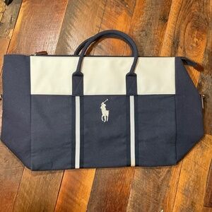 Polo Ralph Lauren Navy Canvas Leather Trim Large Tote Travel Carryall Bag